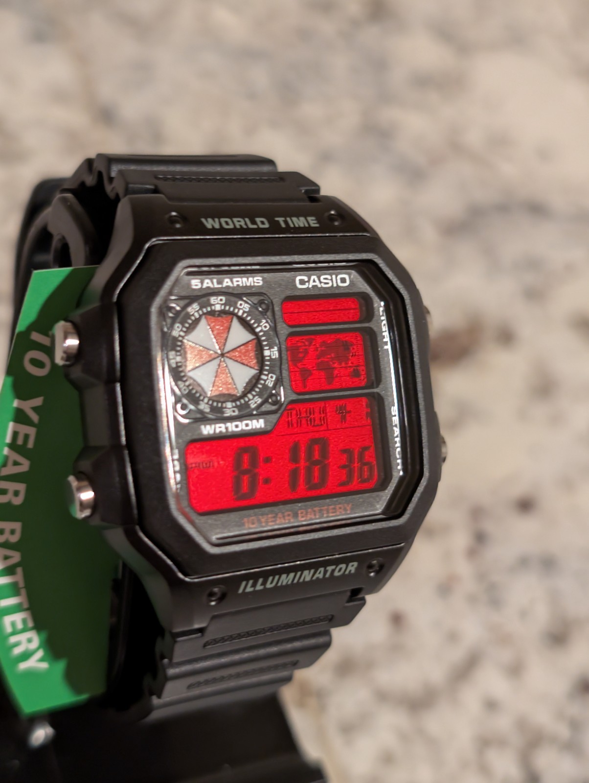 Resident Evil Umbrella inspired Mod CASIO AE-1200 Black Watch Blood red