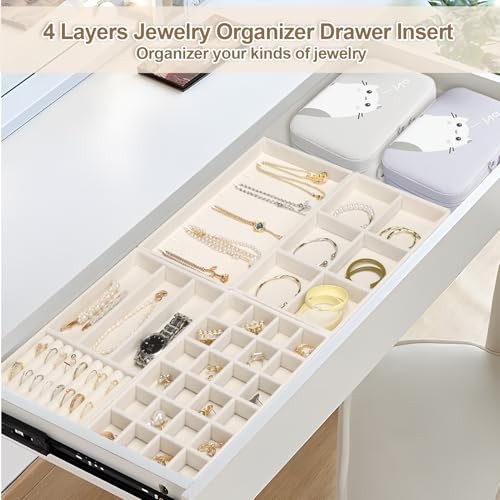 4 Jewelry Organizer Drawer Insert, Stackable Velvet Jewelry Tray beige