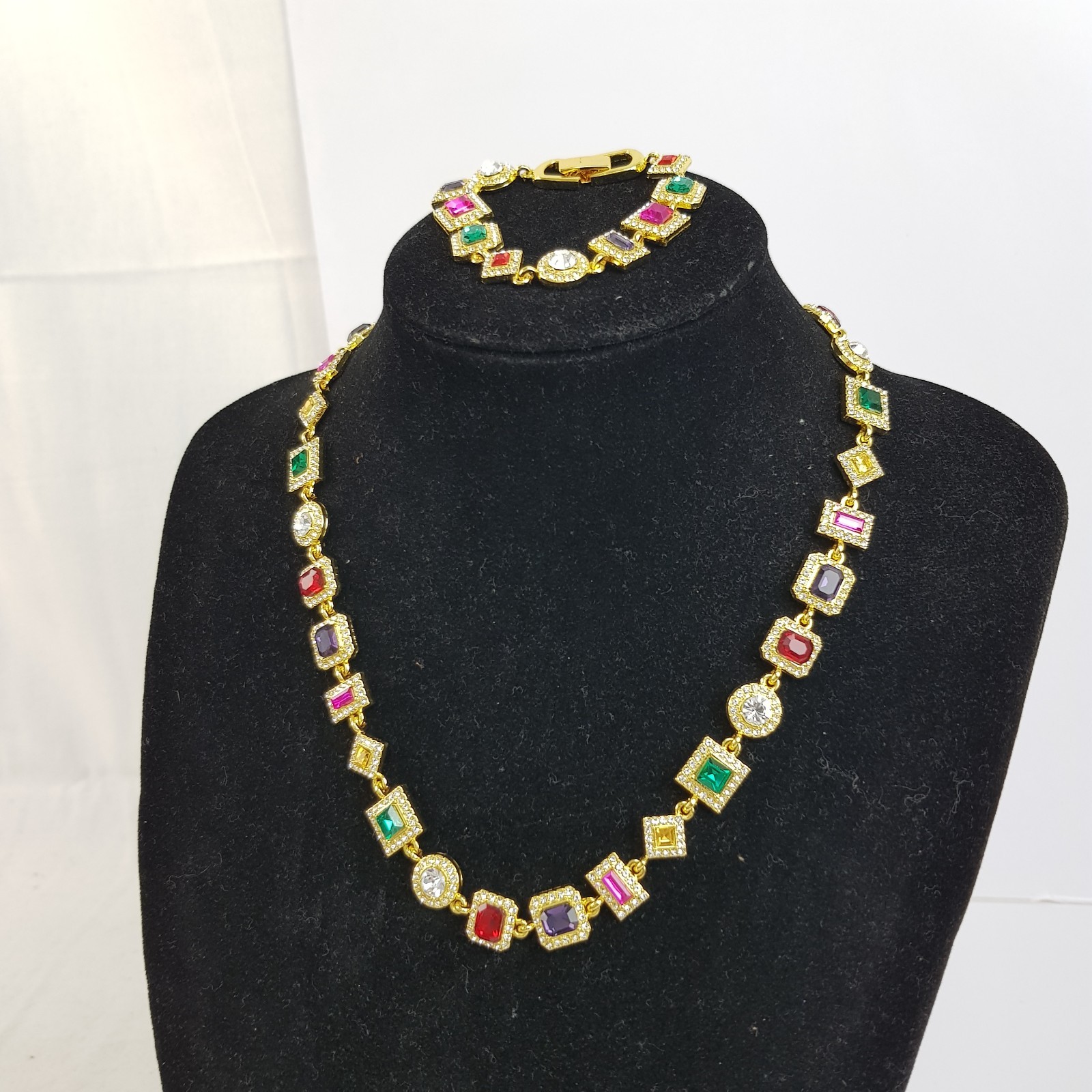 NEW Gold Toned Multi Coloured Gem Halo Set Necklace & Bracelet Set Unboxed