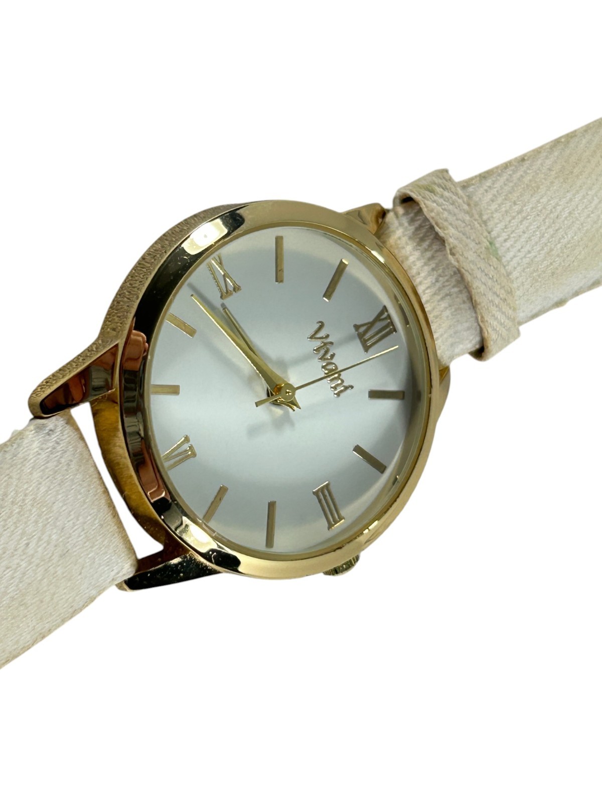Vivani Faux Leather Cream Fabric Band Womens Wrist Watch White Face Stainless