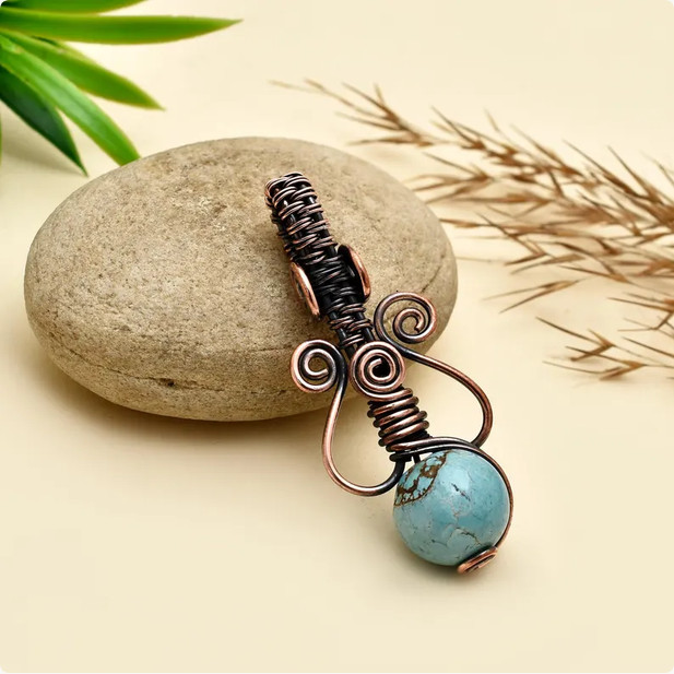 Handmade Turquoise Wire Wrapped Pendant Copper Gemstone Boho Necklace Charm
