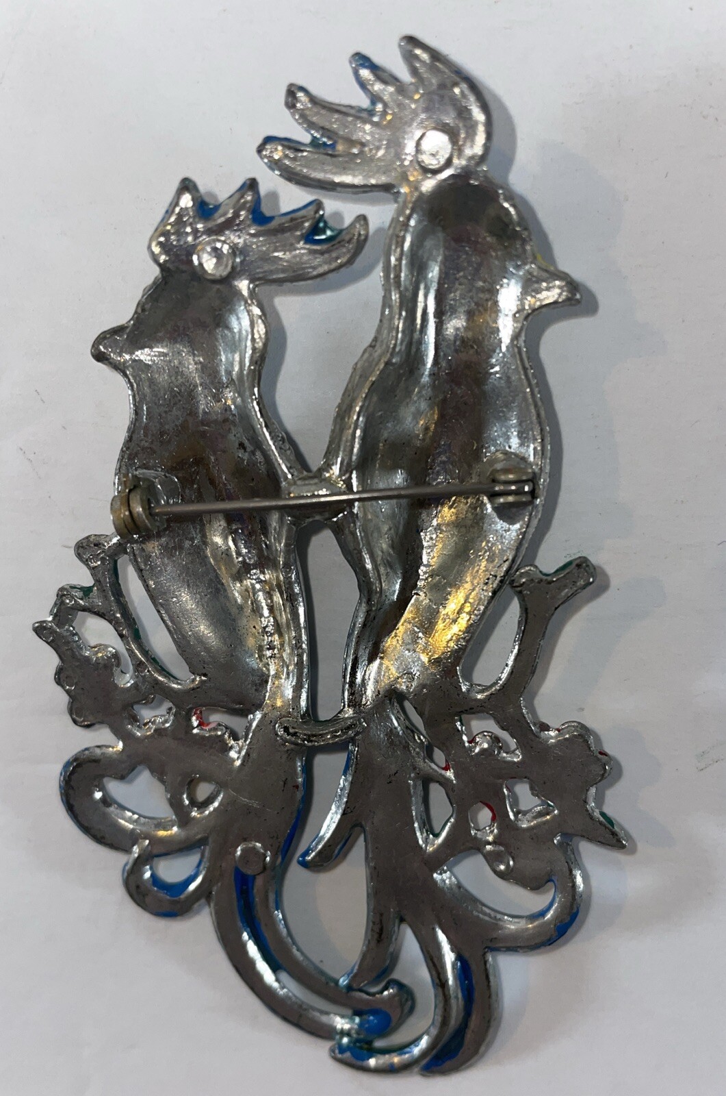 Vintage 1940s Coro Silver Tone Parrot Enamel Duette Brooch 3-3/4” Pin Unsigned