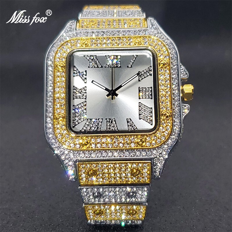 Mens Ice Watch Square Analog Quartz Waterproof Stainless Steel Sunburst Dial NEW