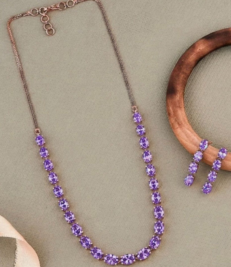 925 Silver, Purple Diamond Necklace & Earrings Set, Rare 31 Ct Certified Treated