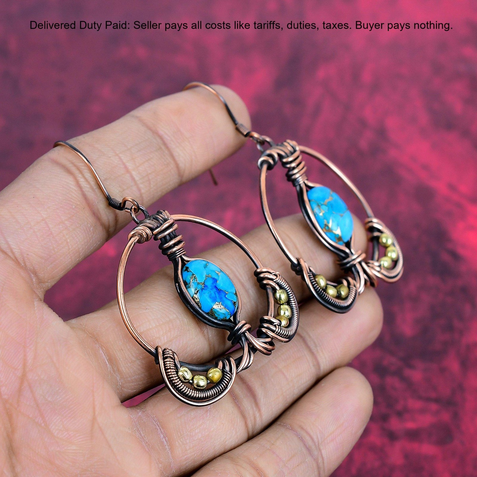 Copper Copper Blue Turquoise Stone Wife Wire Wrapped Drop Hook Earrings Jewelry
