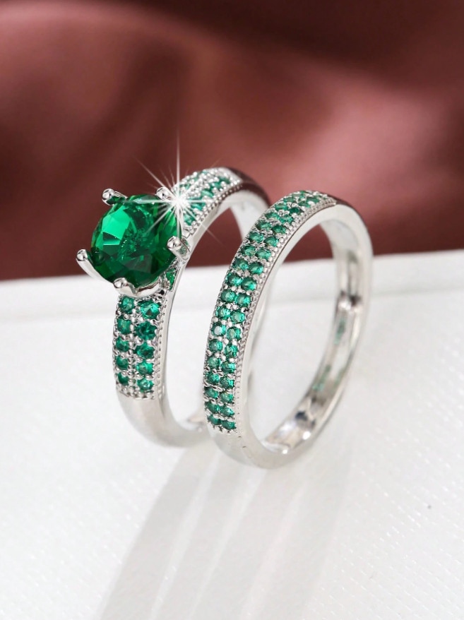 2 PCS CZ Ring Set Women Engagement Wedding Band Cubic Zirconia Jewelry Gift USA