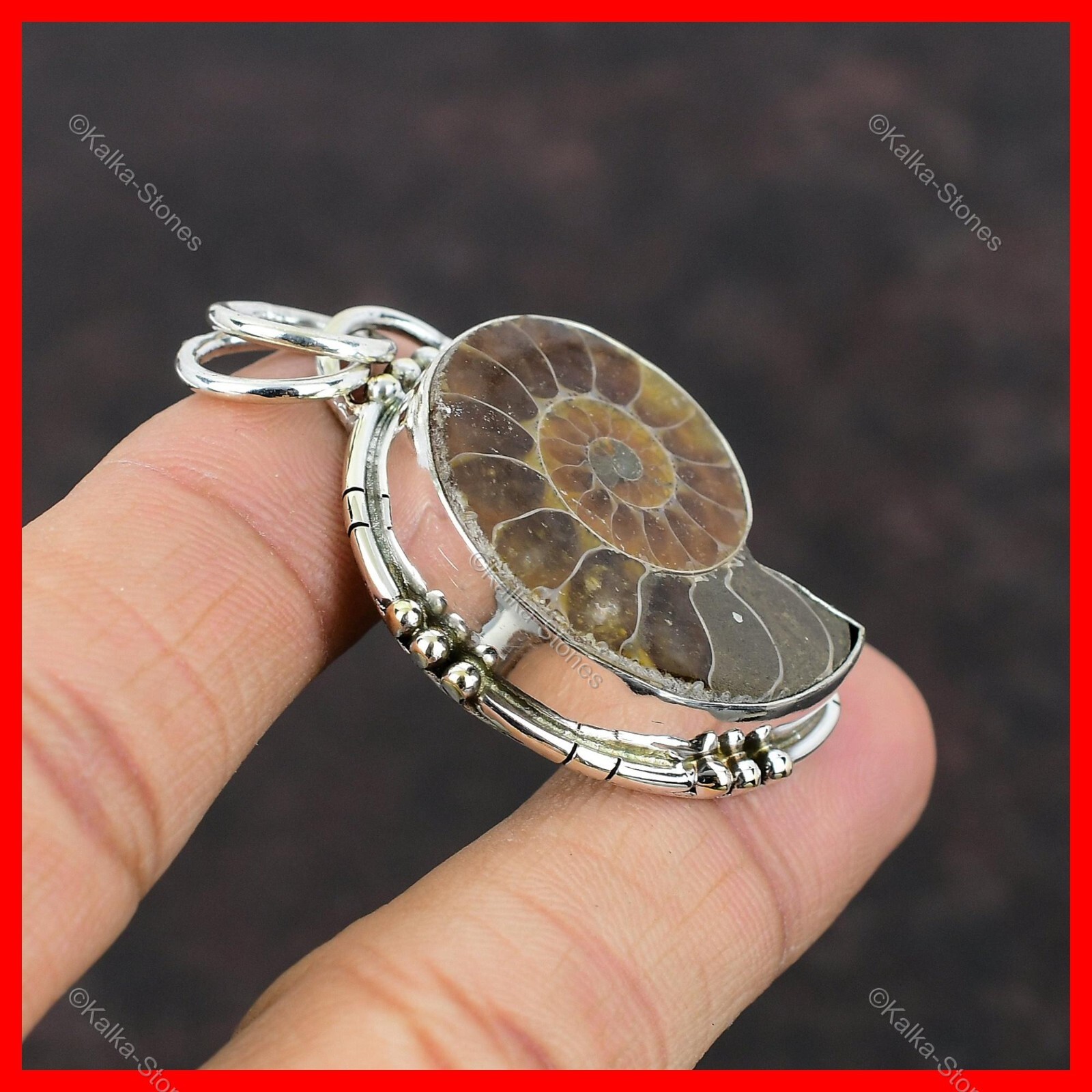 Pear Ammonite Fossil Stone 925 Sterling Silver Vintage Ethnic Pendant Jewelry