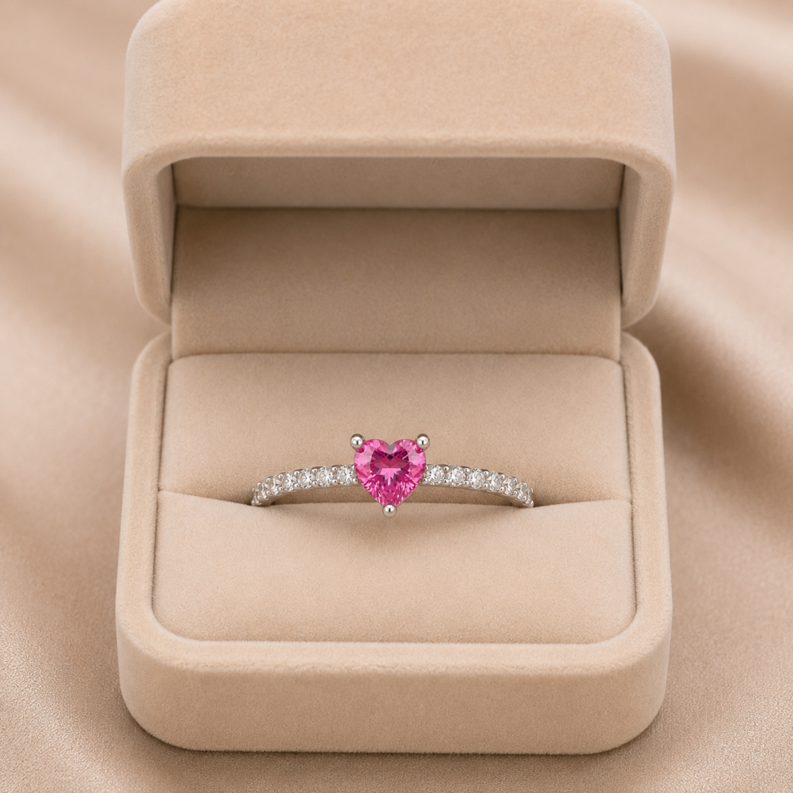 925 Sterling Silver Pink Heart Ring White Zircon Prong Set Promise Gift Ring