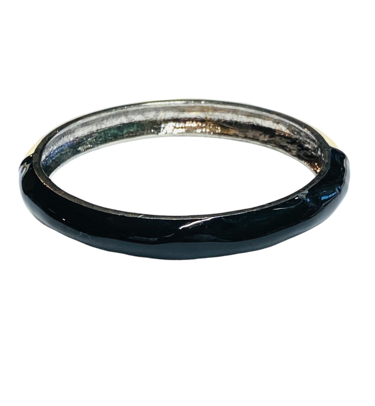 Vintage Black & Cream White Enamel Silver Tone Bangle Hinged Bracelet Clamper