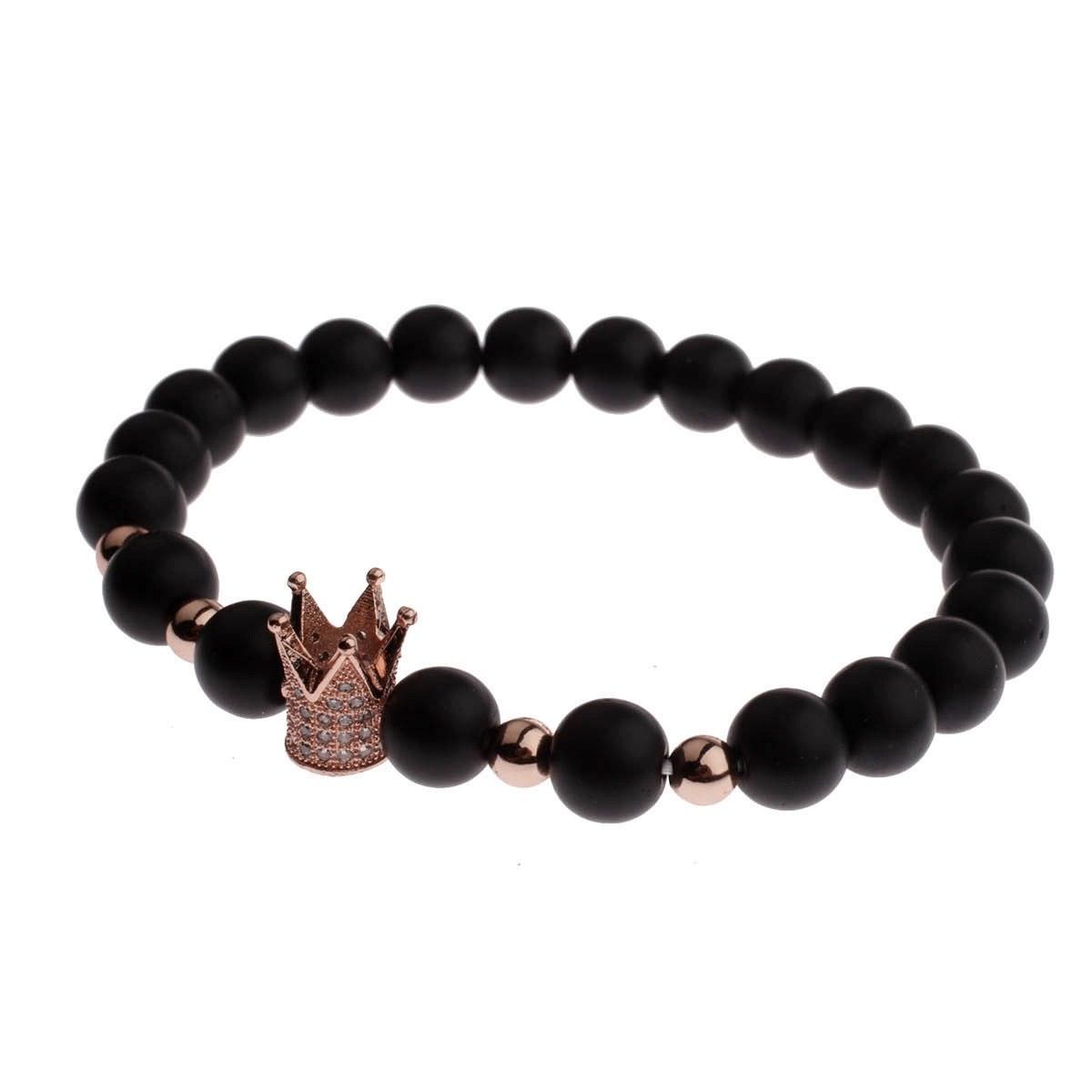 Gorgeous Crown Natural Stone Matte Black Charm Men’s CZ Copper Bead Bracelet