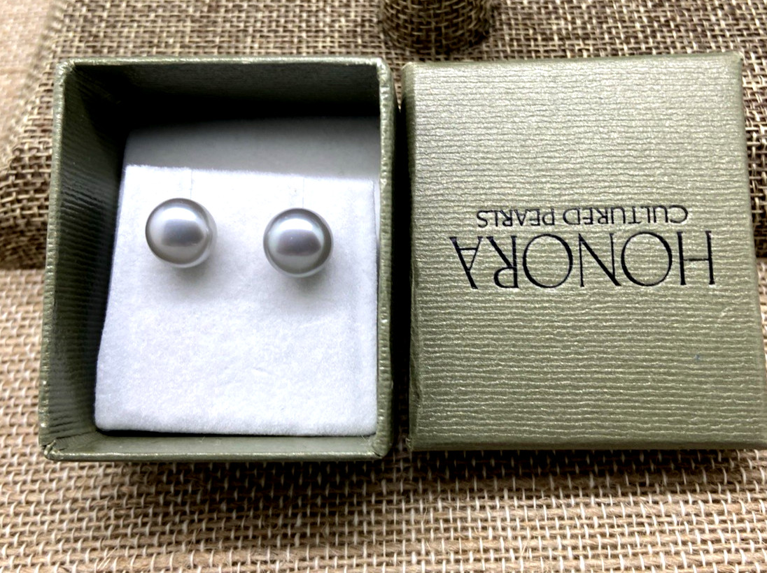 HONORA PEARL STERLING SILVER Light gray PEARL STUD EARRINGS 9MM NEW IN BOX