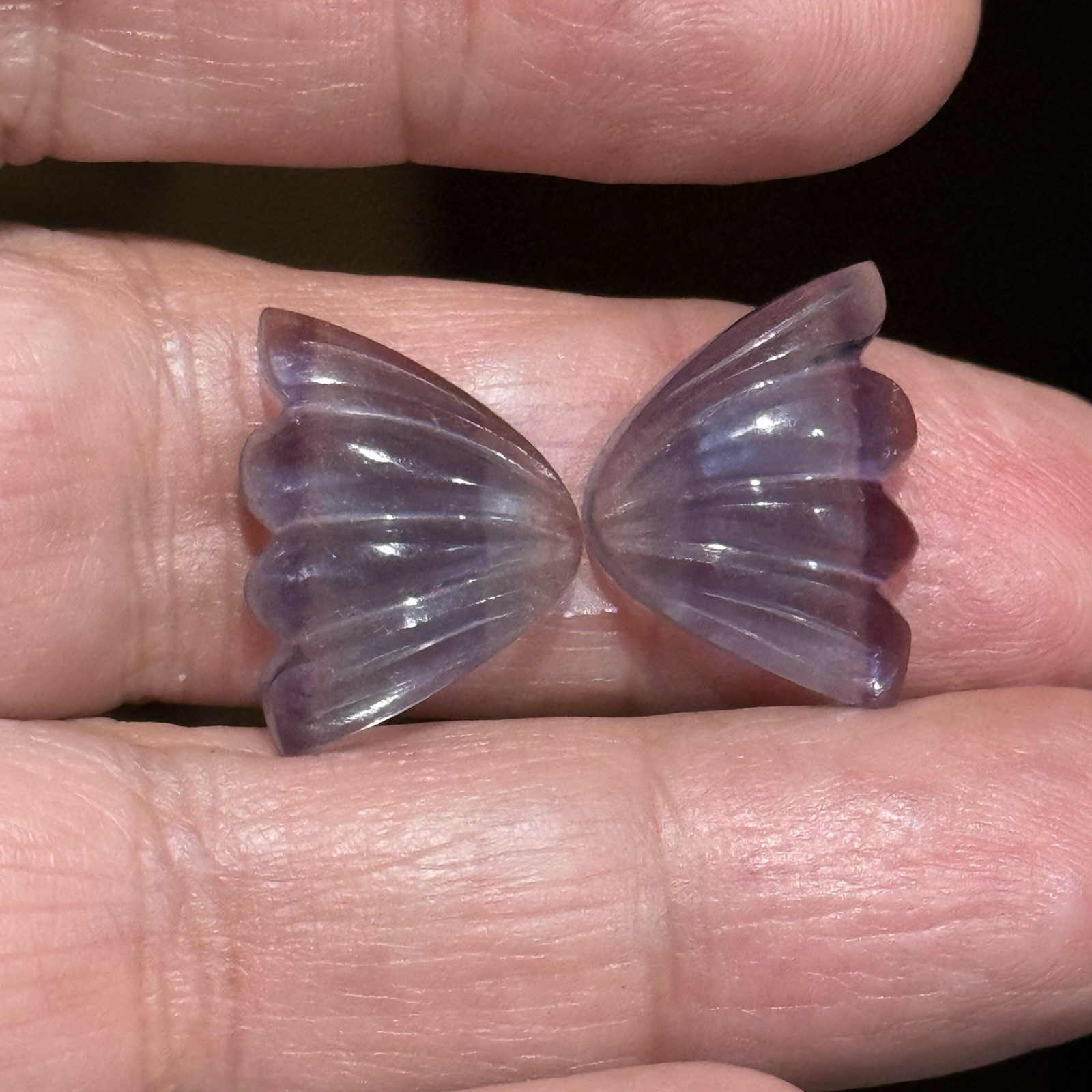 18ct 18×13.5x5mm Pair Fine Purple Blue Fluorite Carved Butterfly Wings Cabochons