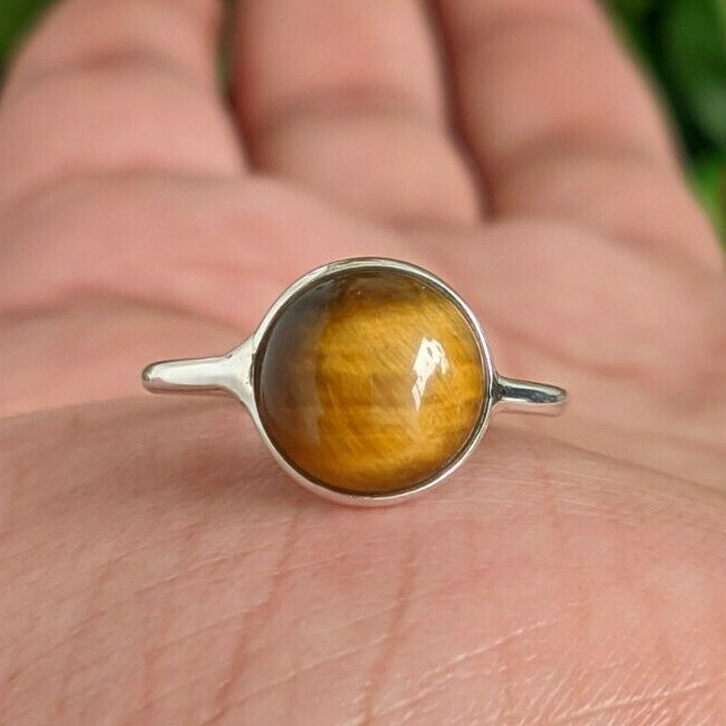 Round Tiger Eye 925 Silver Band Bezel Handmade All Size Brown Gemstone Ring