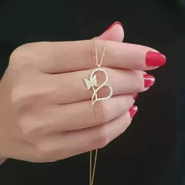 Butterfly Heart Pendant 1 Ct Round Cut Real Moissanite 14K Yellow Gold Plated