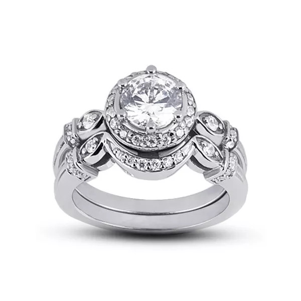 Engagement Ring Set 14K White Gold Halo 1.83 Carat Round Lab-Grown Diamond G VS2