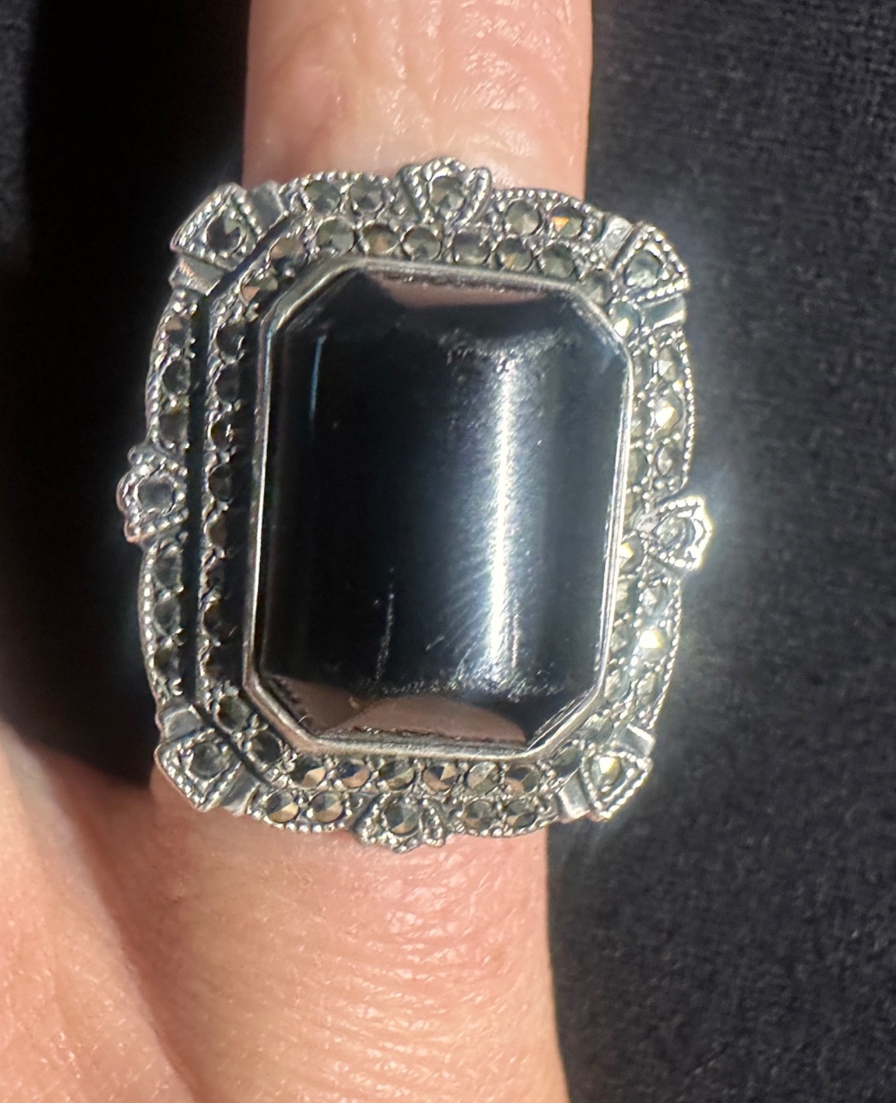 Vintage Sterling Silver Art Deco Hematite Marcasite Ring Black Stone size 5