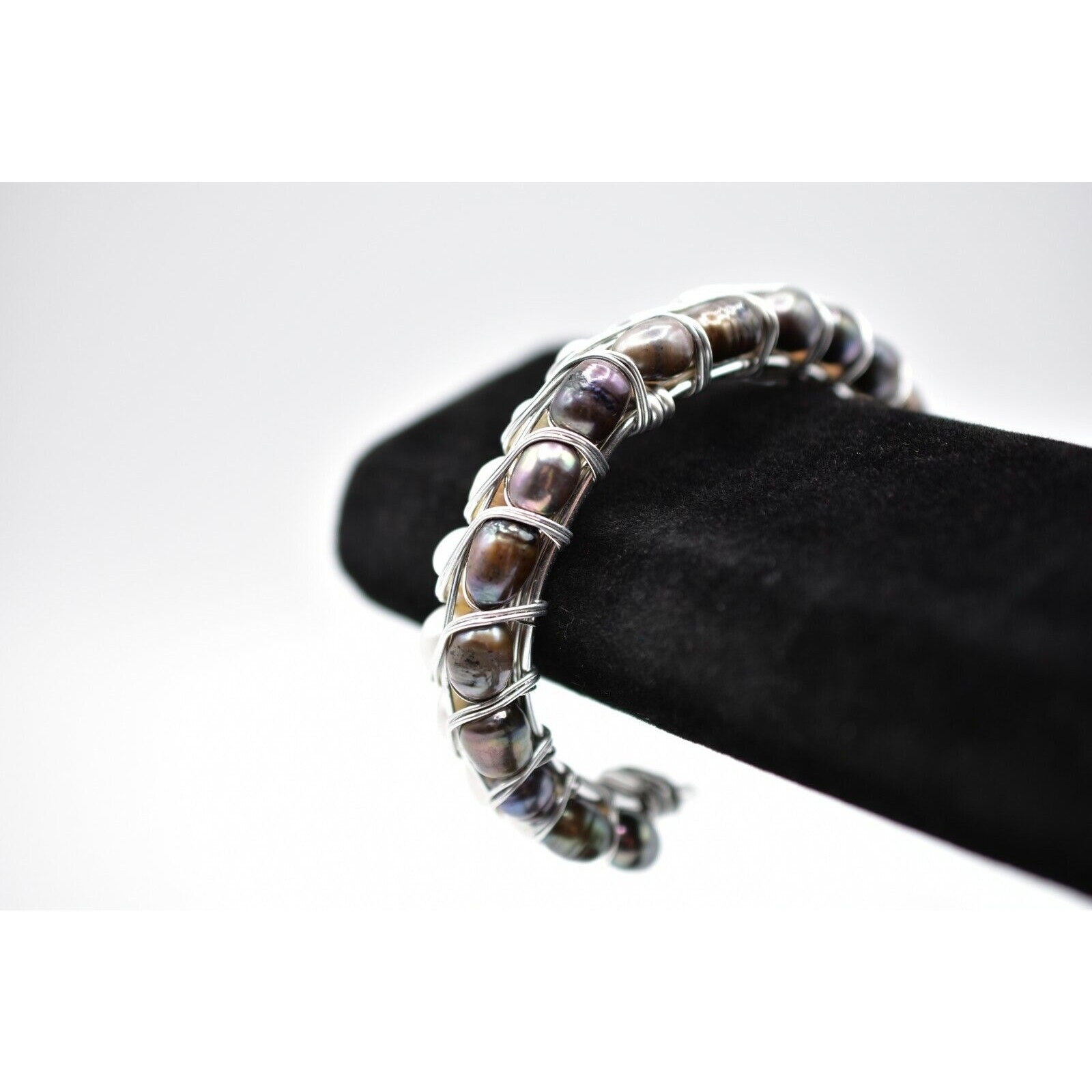Vintage Cuff Bangle Bracelet Silver Gray White Black Pearl Beaded Chunky BinD