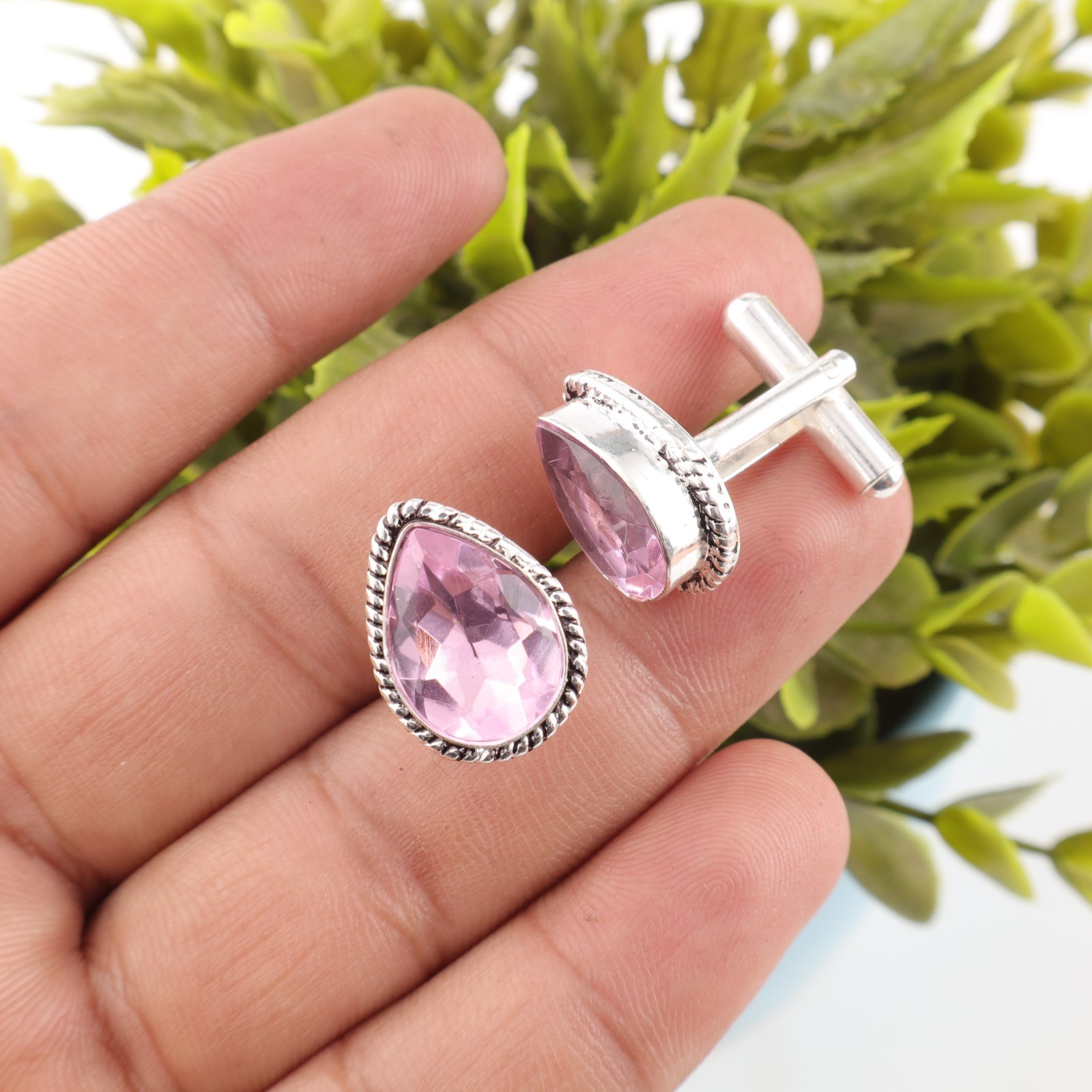 Pink Morganite Gemstone 925 Sterling Silver Men’s Cufflinks Jewelry Gift For Her