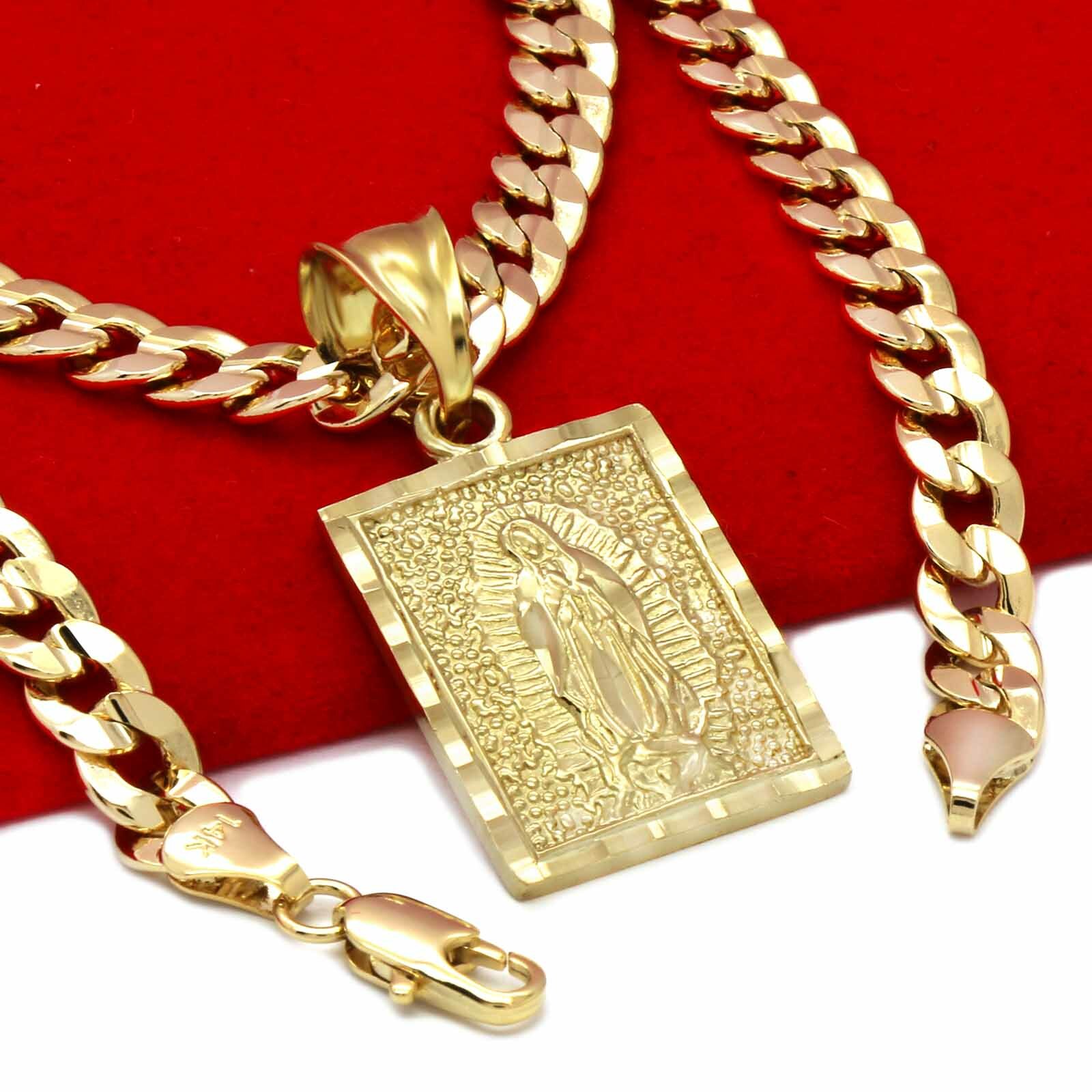 Mens 18k Gold Plated Brass Guadalupe Pendant 6mm 24″ Cuban Chain