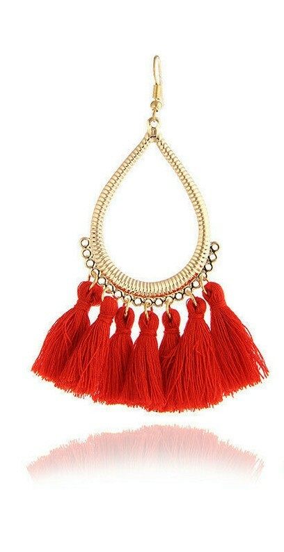 New Red Tassel Fringe Bohemian Boho Oval Drop Metal Pair Of Earrings Boutique