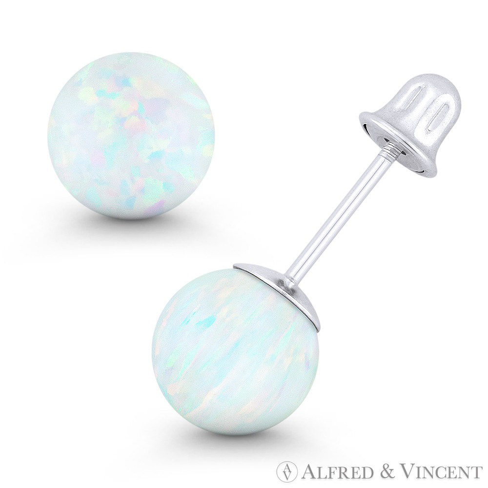 Fiery White Synthetic Opal Round Ball Screwback Stud Earrings in 14k White Gold