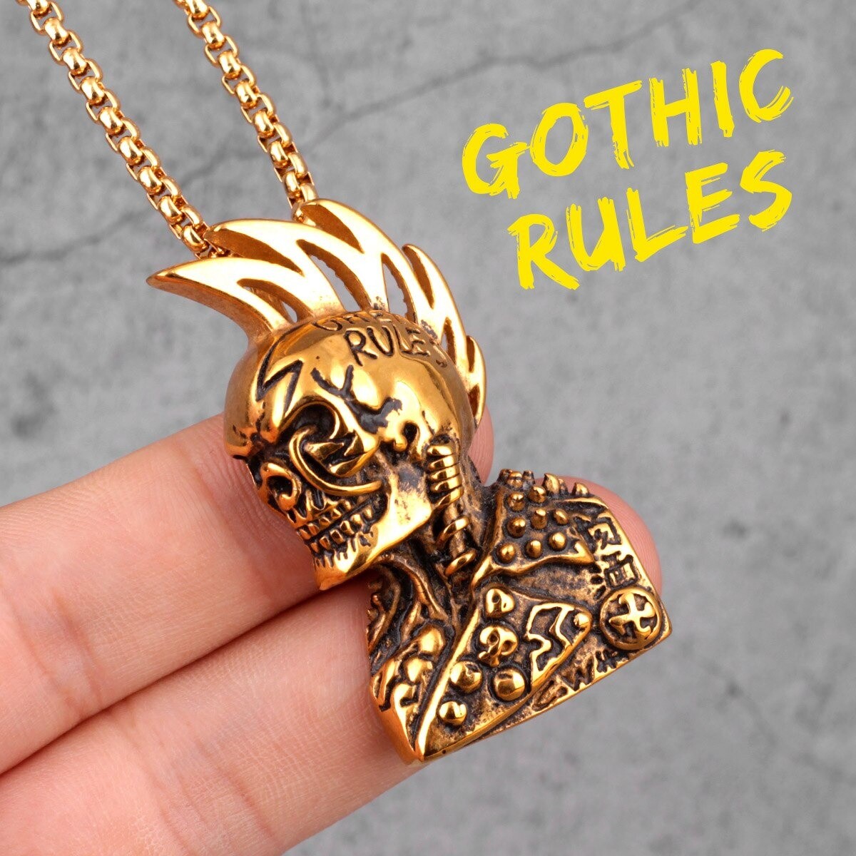 Gothic Rules Skull Punk Rock Hip hop Silver Gold Color Necklaces Pendants Chain