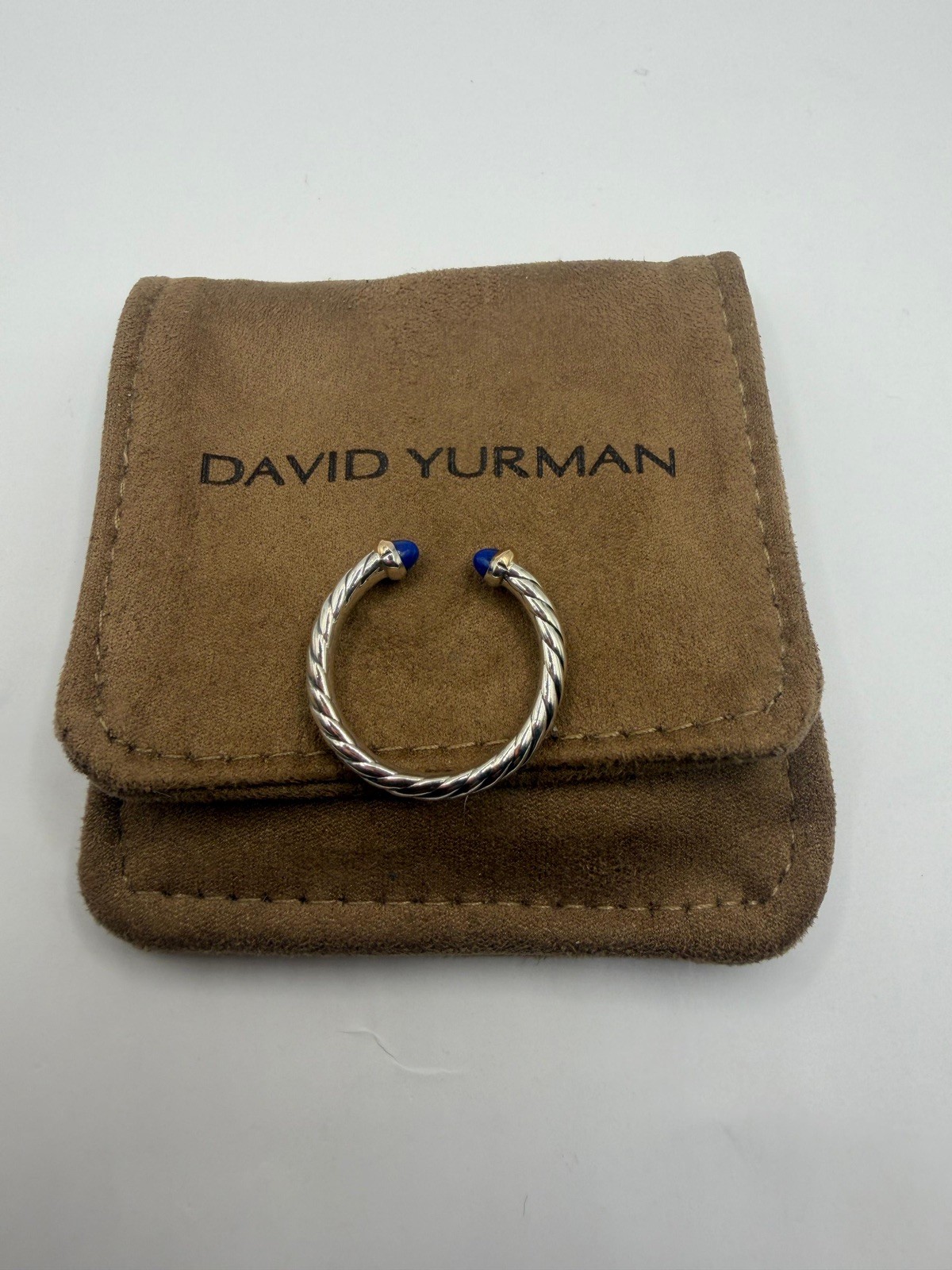 David Yurman Sterling Silver Petite Cable Open Ring W/ 14k Gold & Lapis Size 7