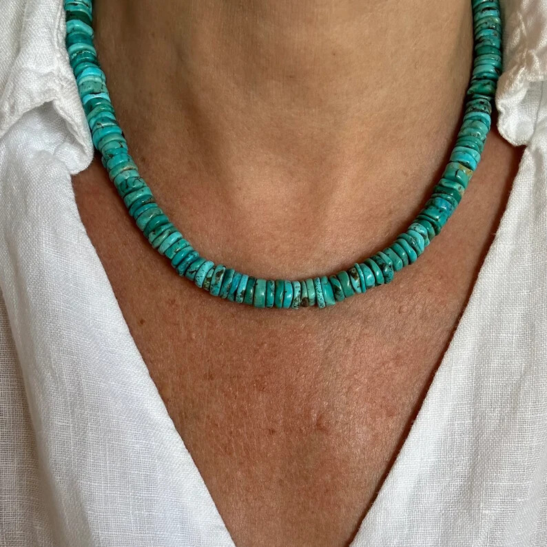 Kingman Arizona Turquoise Blue 10mm Thin Disc Wafer Beaded Rondelle Necklace