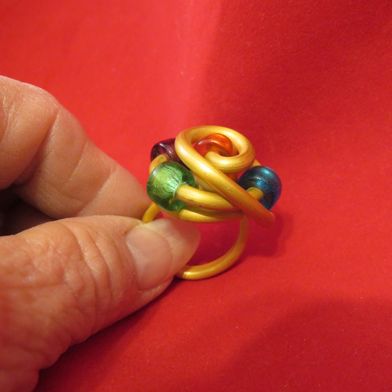 Fun Ring Golden Color Coated Thick Wire Sz. 7 w 5 Colorful Beads (1187)
