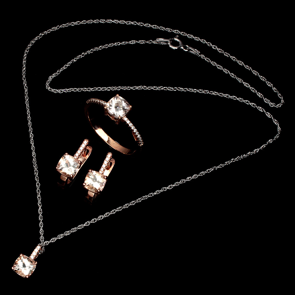 925 Sterling Silver Cushion Pink Morganite 6mm Ring Earrings Necklace