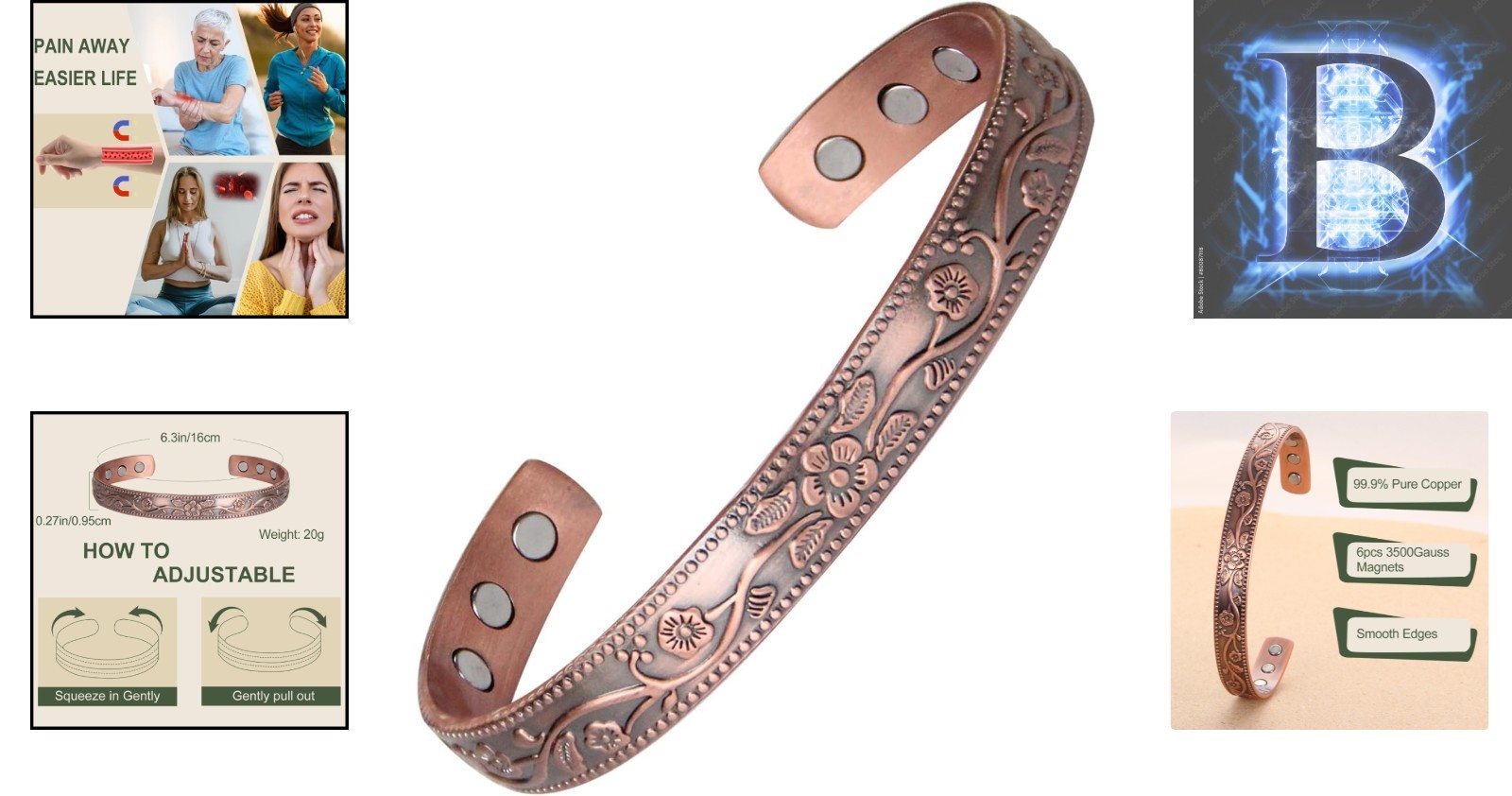 Elegant 99.9% Pure Copper Magnetic Flower Bracelet for Women, 6.3 Inch Cuff