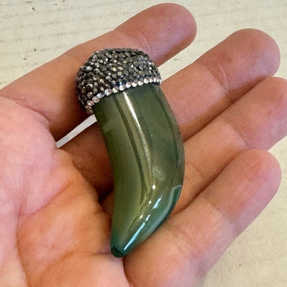 Stunning Handmade Large Heavy Blinged Claw Green Glass Horn Fang Pendant 2.25″ L