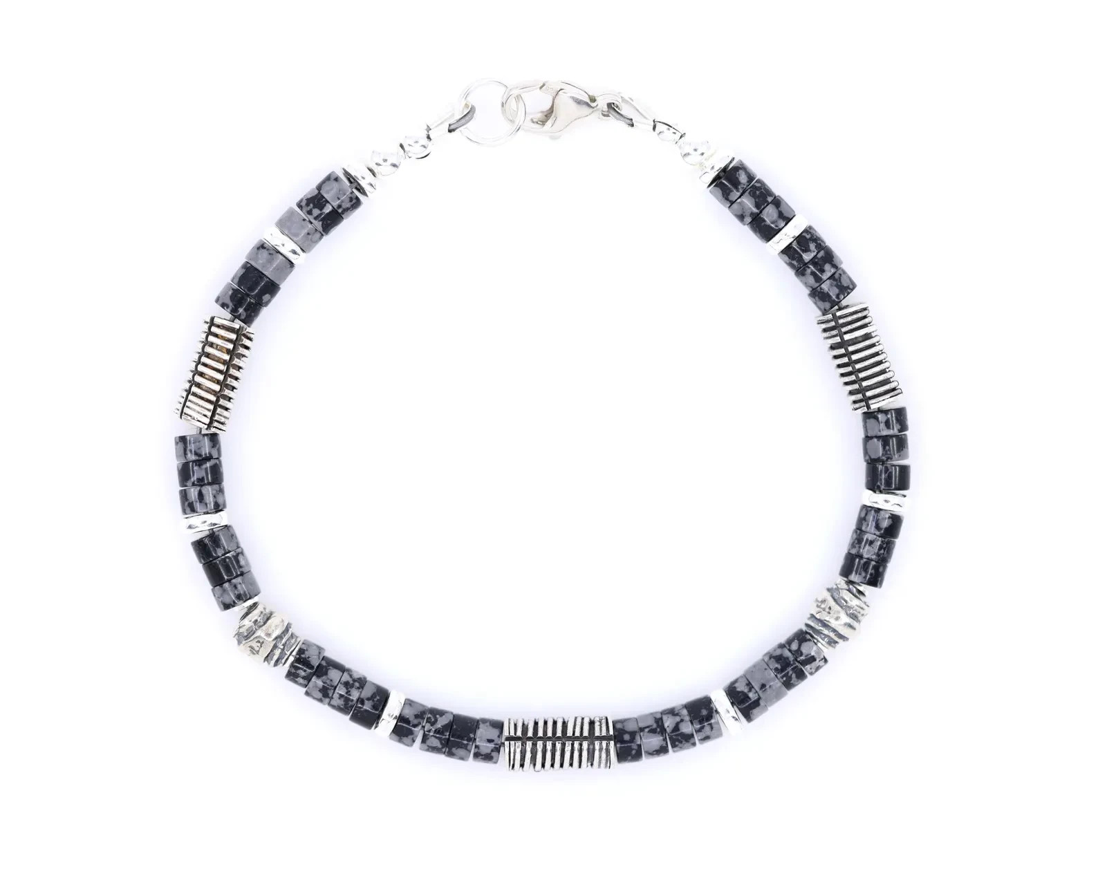 Black Gray Obsidian Heishi Bracelet | Sterling Silver Textured Focal Bead | 4mm