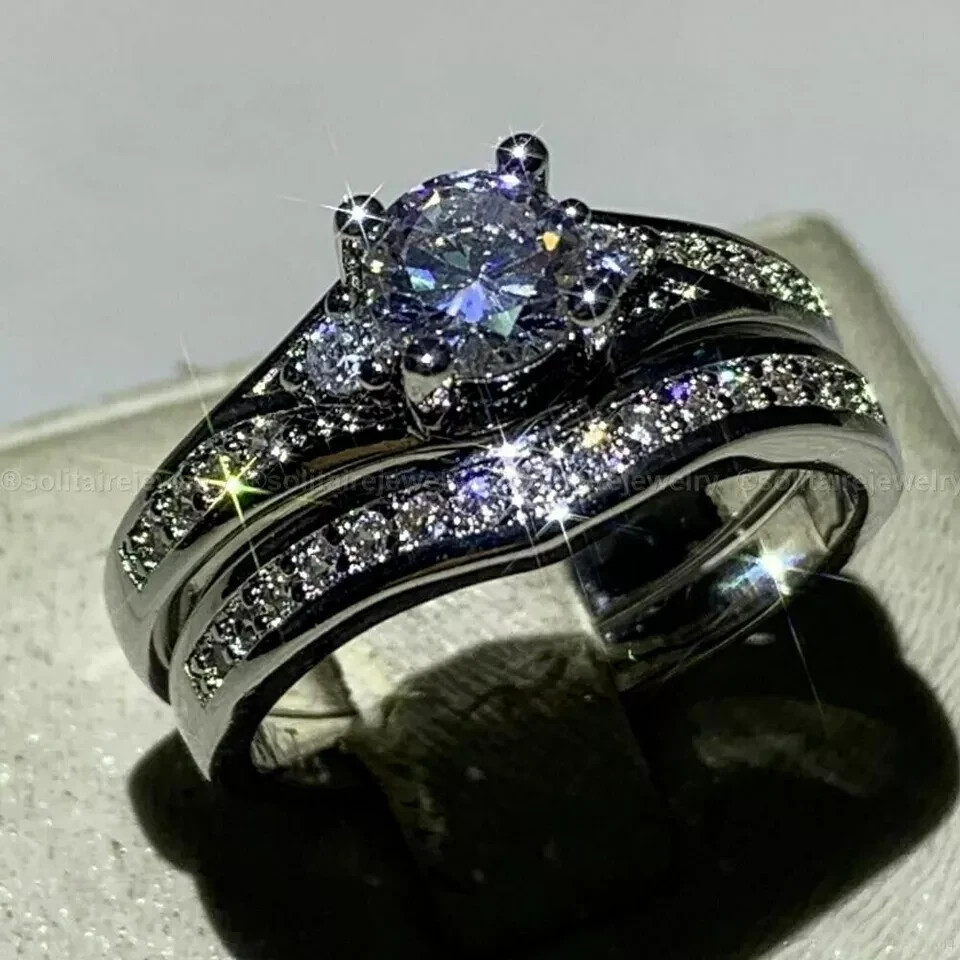 2.50Ct Round Cut Moissanite Bridal Set Engagement Ring 14k White Gold Plated
