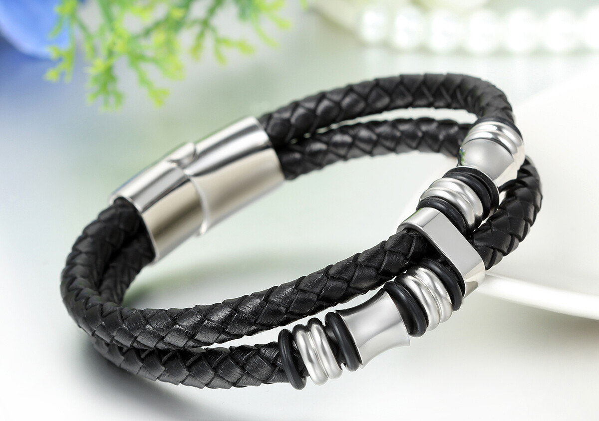 Men’s Multilayer Braided Leather Stainless Steel Magnetic Bracelet Bangle Cuff