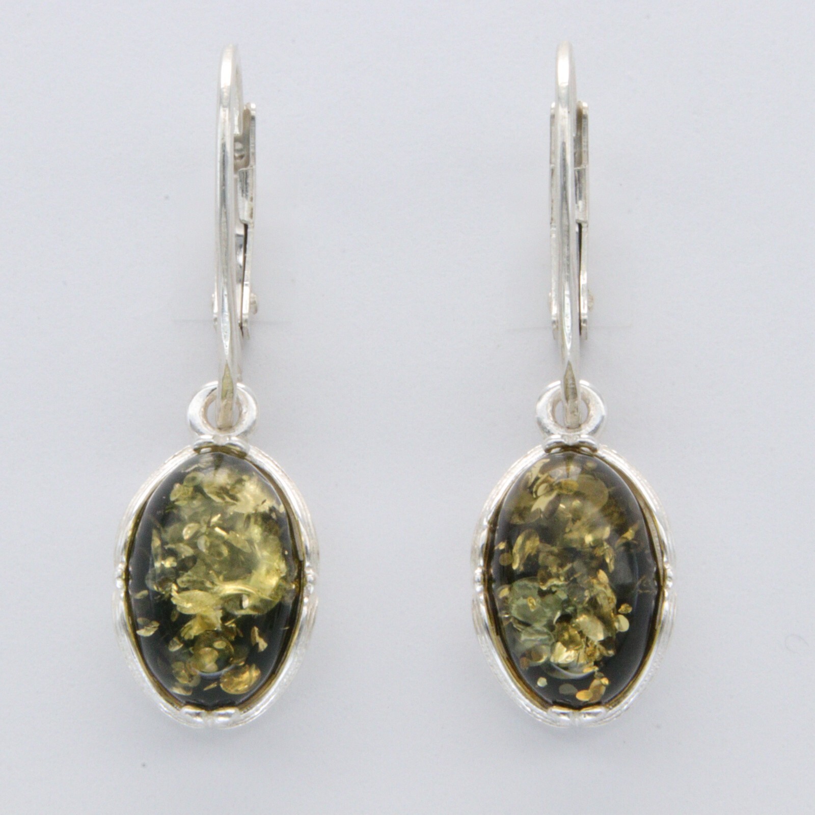 Green Oval BALTIC AMBER Leverback Earrings 925 STERLING SILVER Poland #3619e