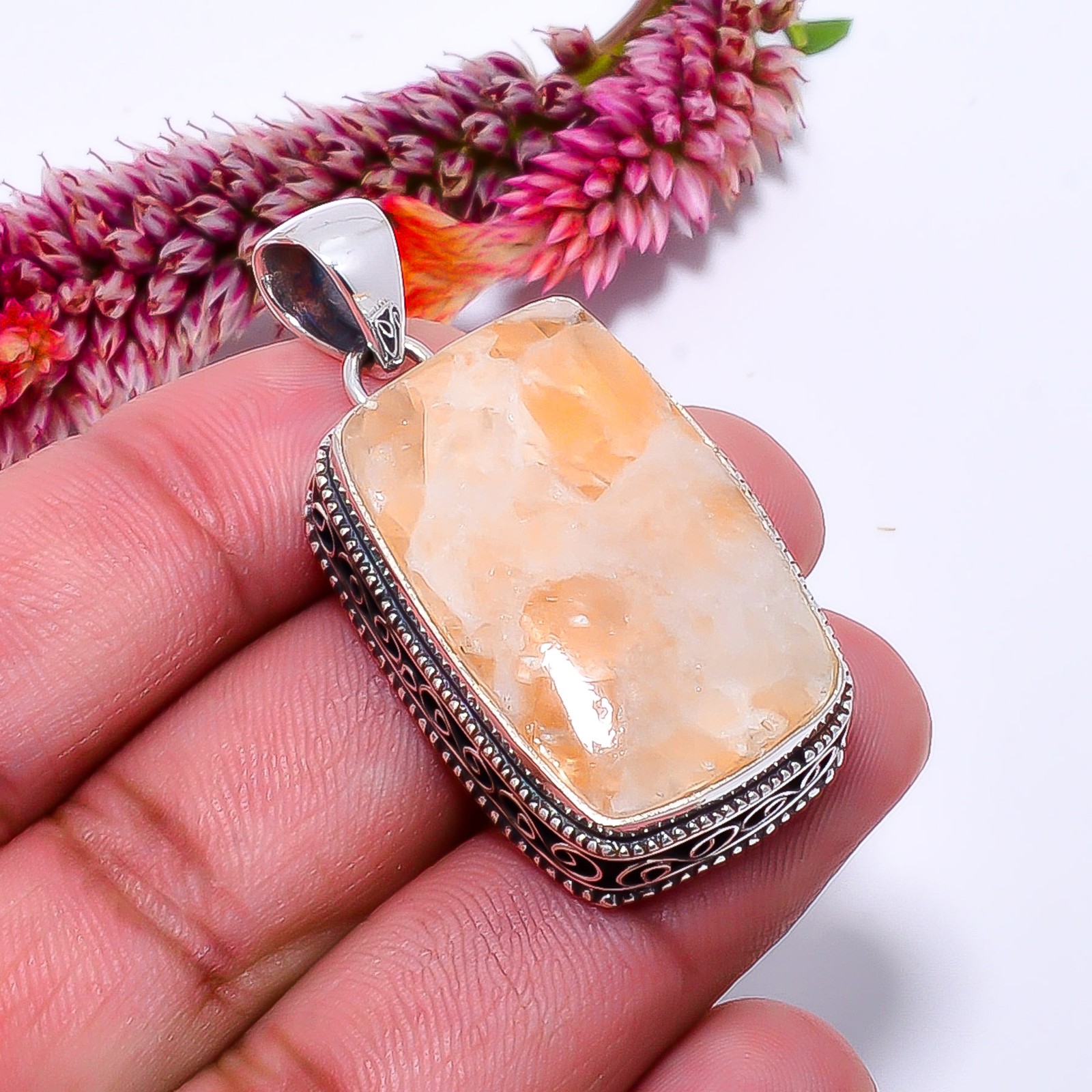 Orange Calcite- Peru Fine Art 925 Sterling Silver Pendant 0.98″ P10364114311