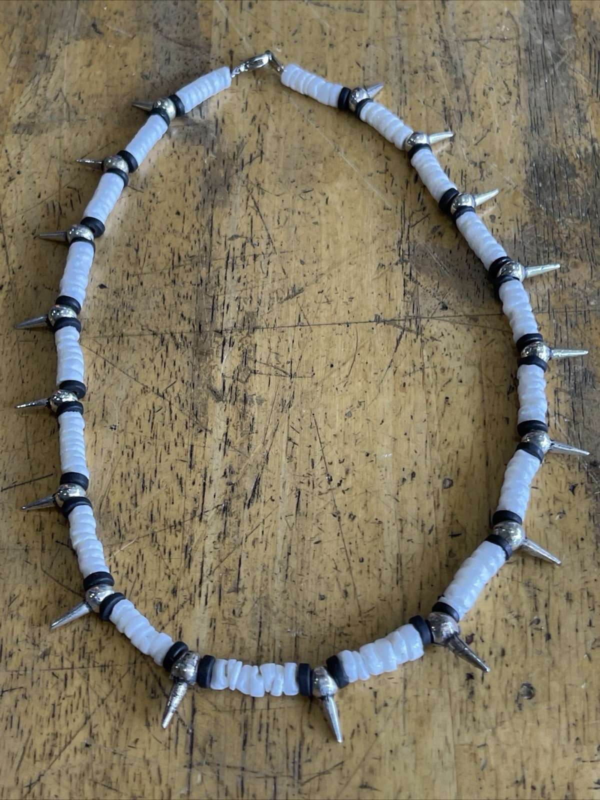 Puka Shell Punk Surfer Skater Metal Spikes Choker Necklace: Adjusts To 17” Retro