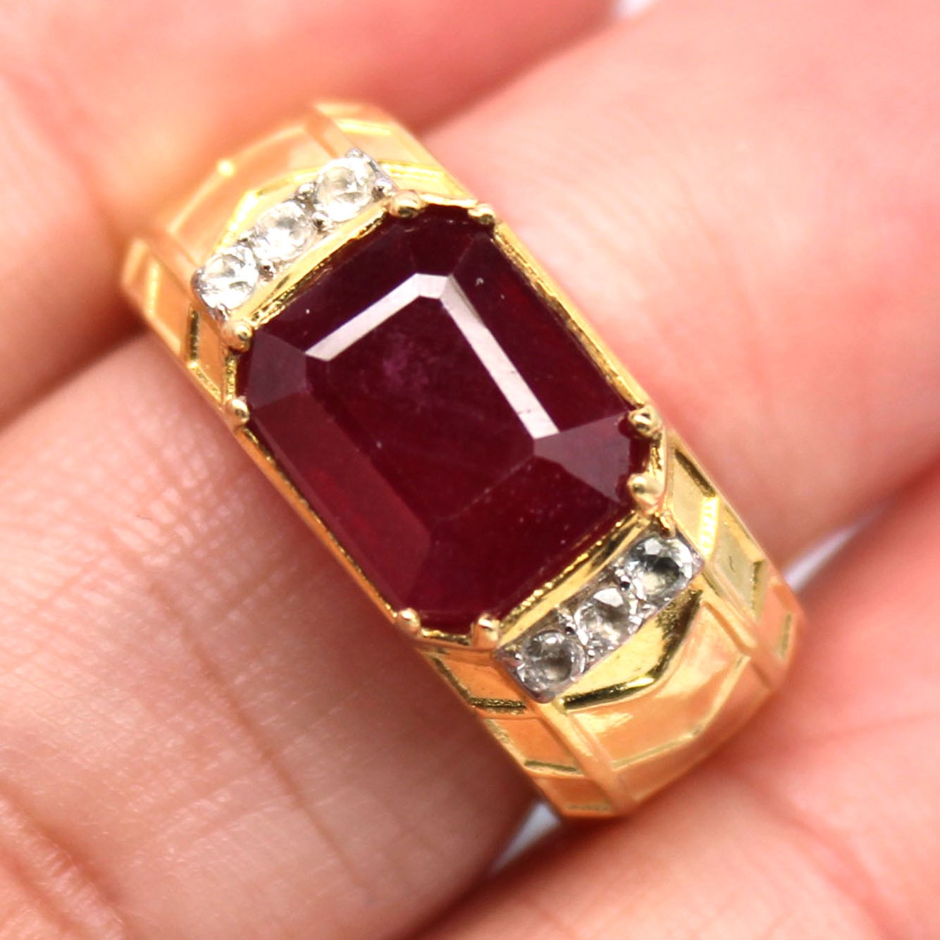 925 Sterling Silver 9 x 10 MM. Red Ruby White Zircon Two Tone Ring Size 7.75