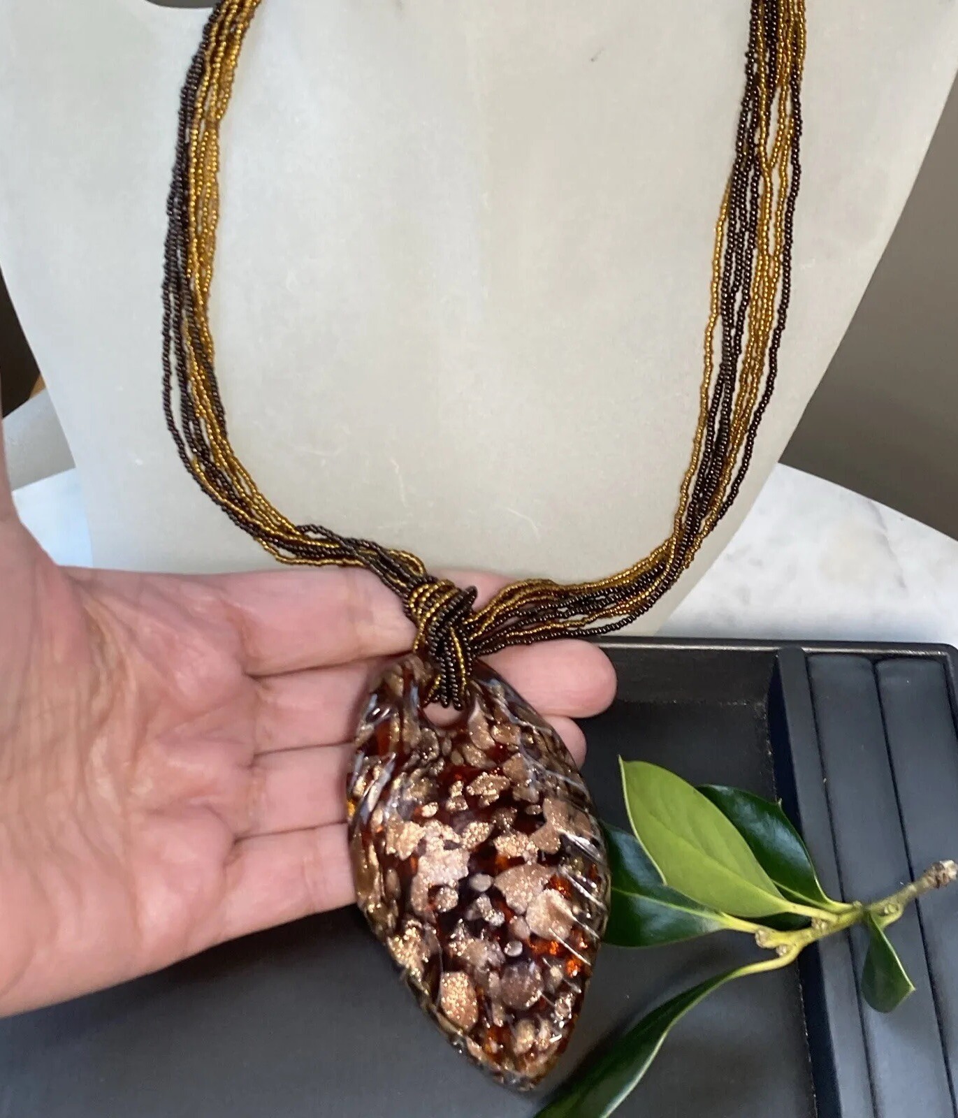Vintage Pendant Necklace Handblown Murano Italy Art Glass 24K Gold Fleck Signed