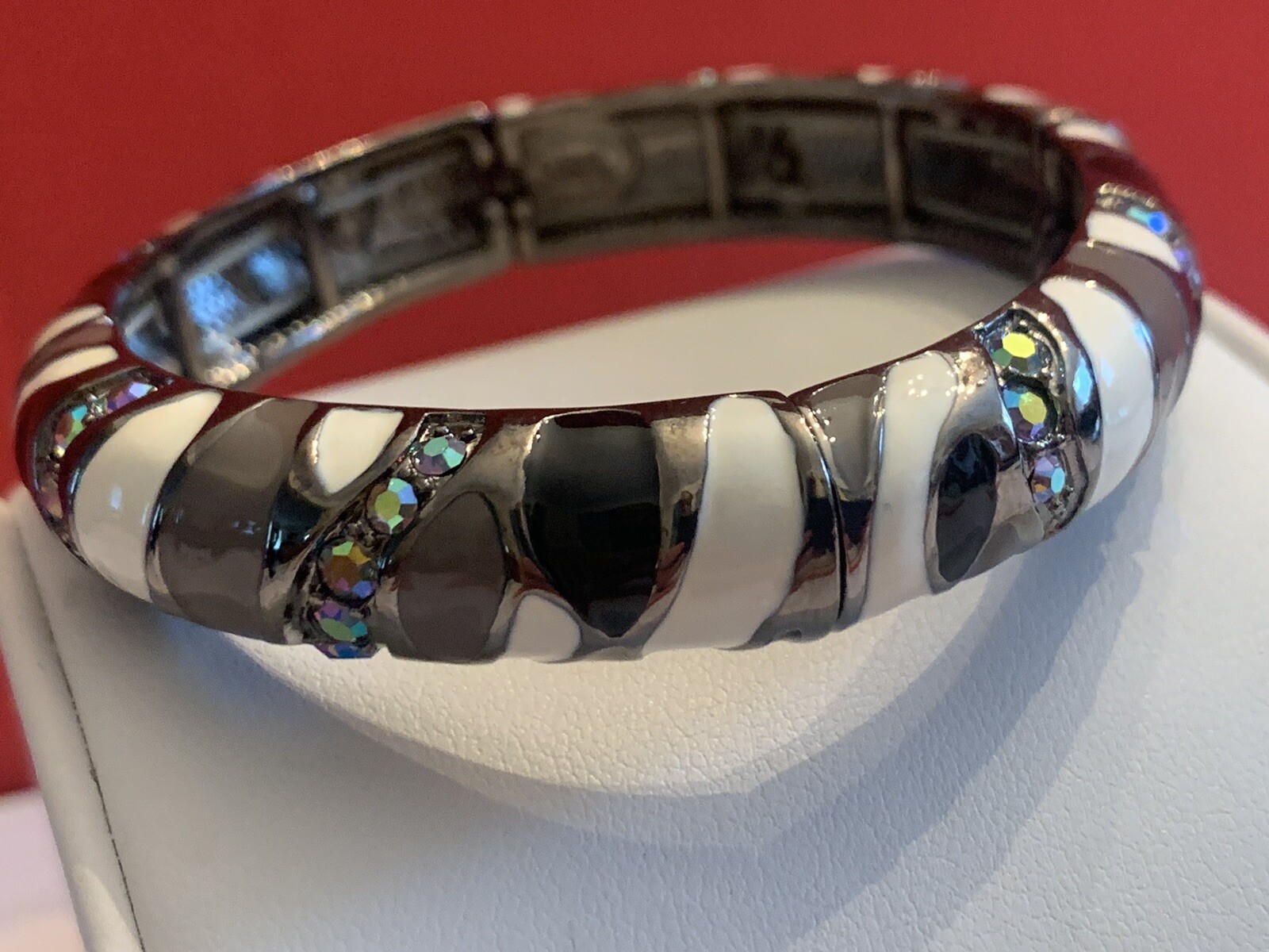 Joan Rivers Black/ Gray/ White Enamel Elastic Bracelet AB Crystals – BinT