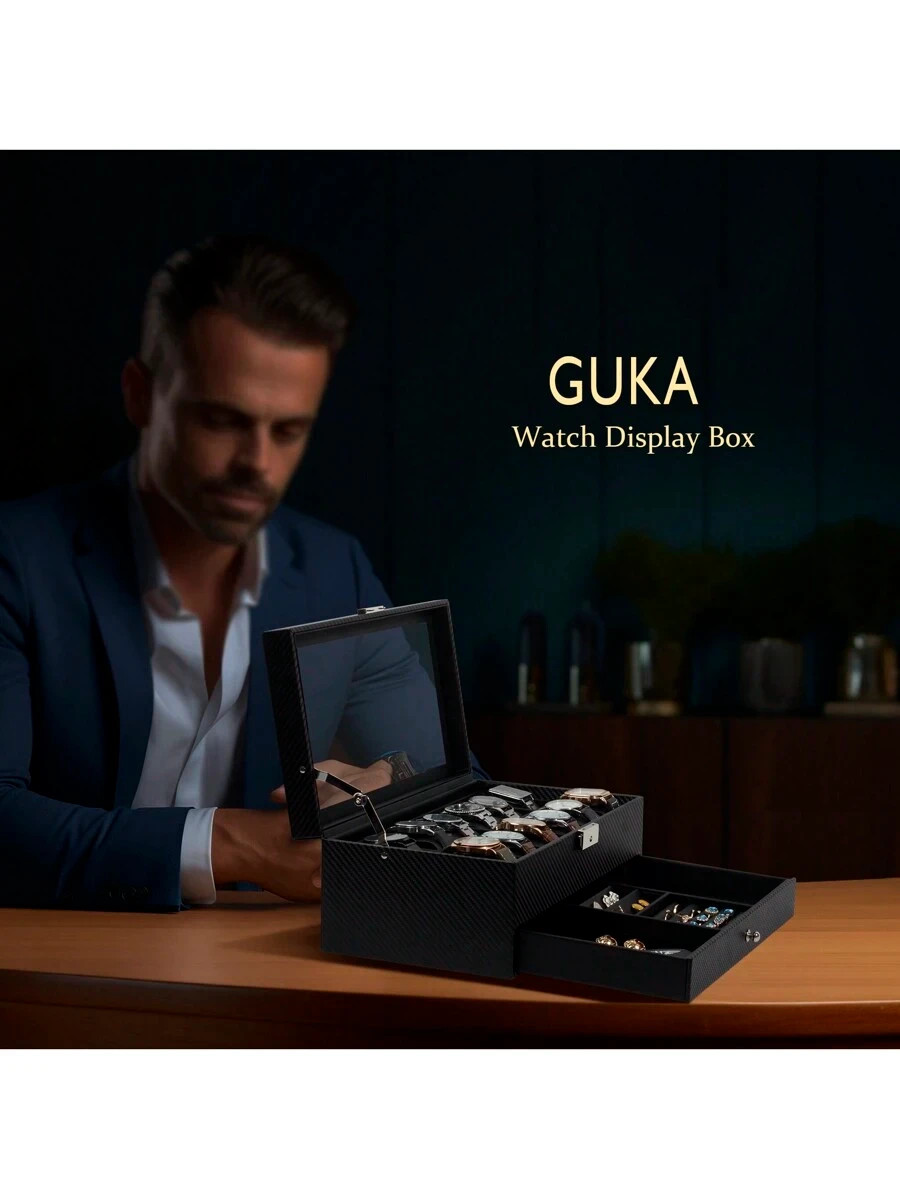 Watch Box 12 Slot Watch Display Organizer Leather Jewelry Case Drawer Glass