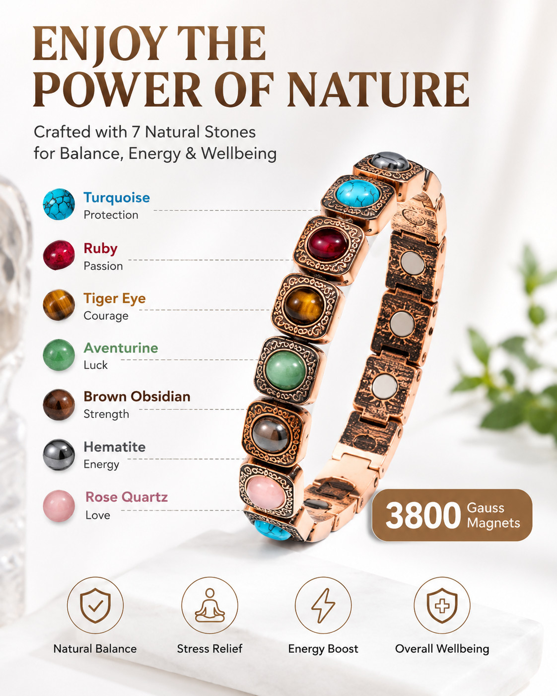 99.99% Pure Copper Magnetic Bracelet Women Adjustable Natural Stone Gift