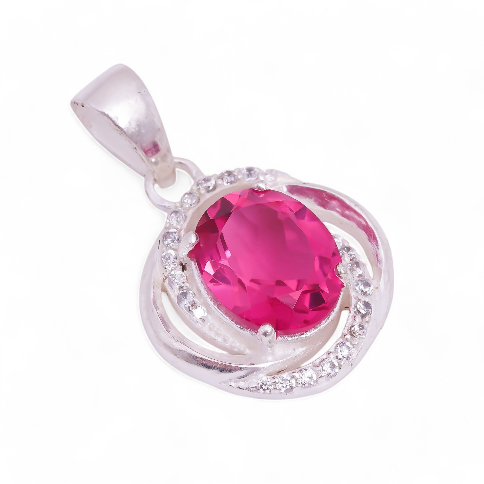 Natural Pink Tourmaline Gemstone Zircone Pendant 925 Sterling Silver Jewelry