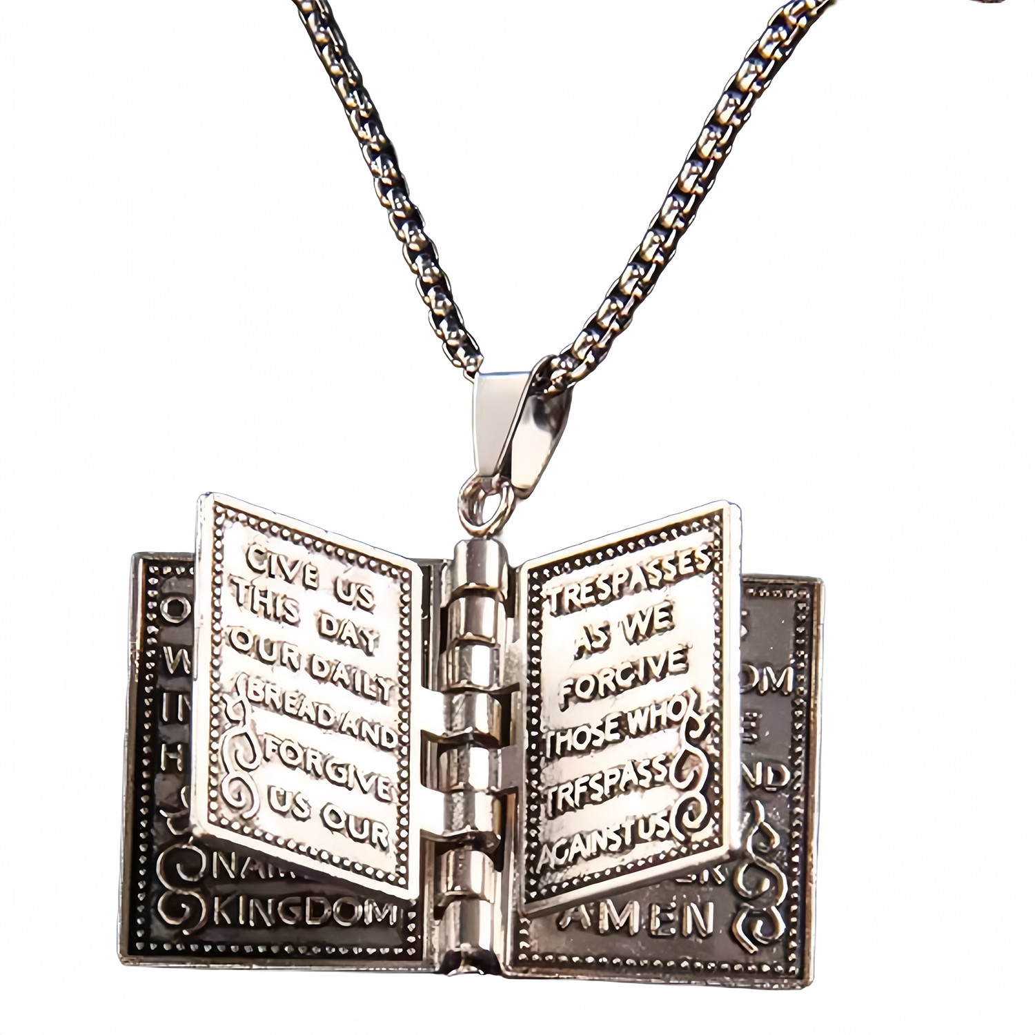 Silver Tone Hinged Bible Book Cross Pendant Necklace Religious Jewelry Unisex US
