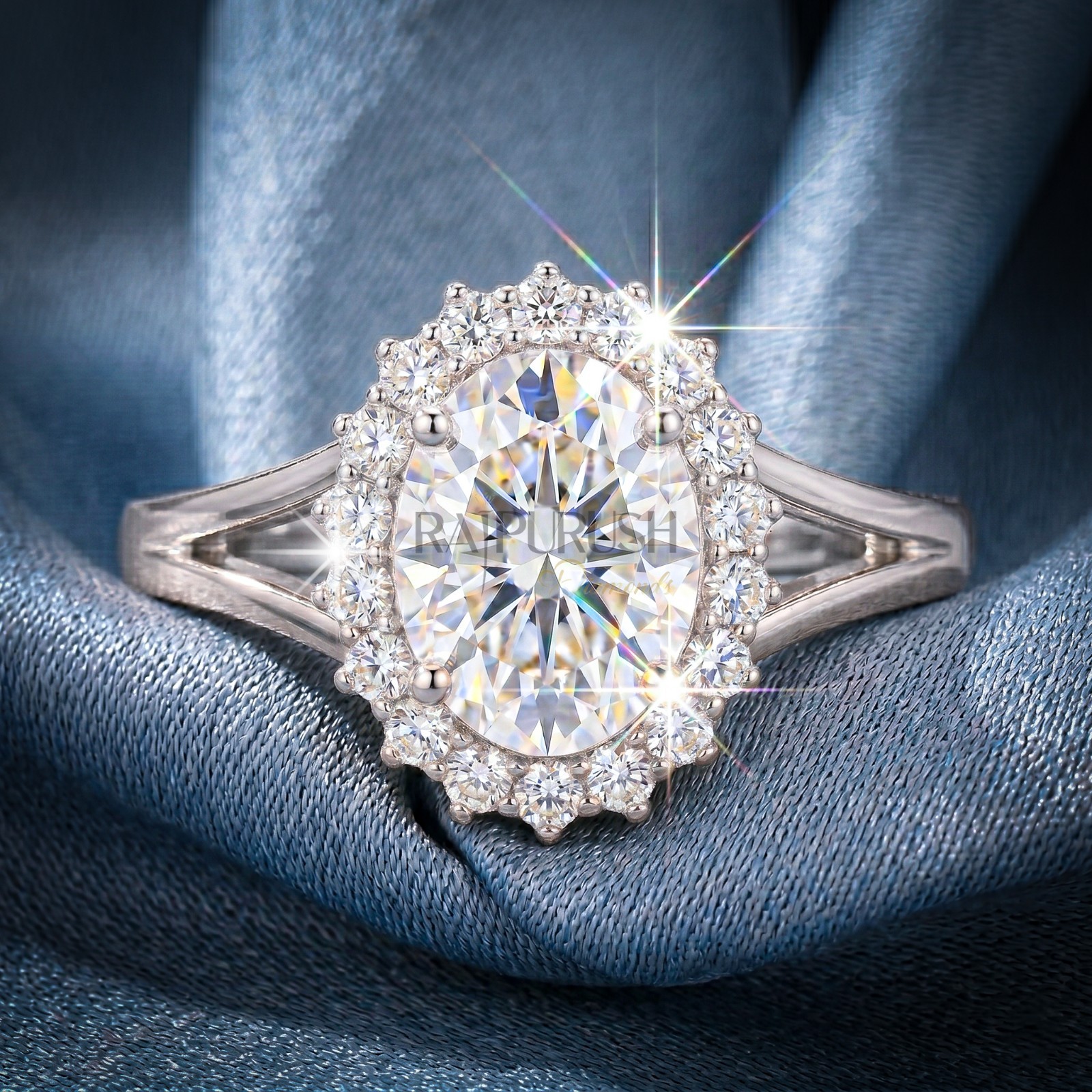 2CT Oval Cut Moissanite Engagement Ring 14k Yellow Gold Plated 925 Silver Halo