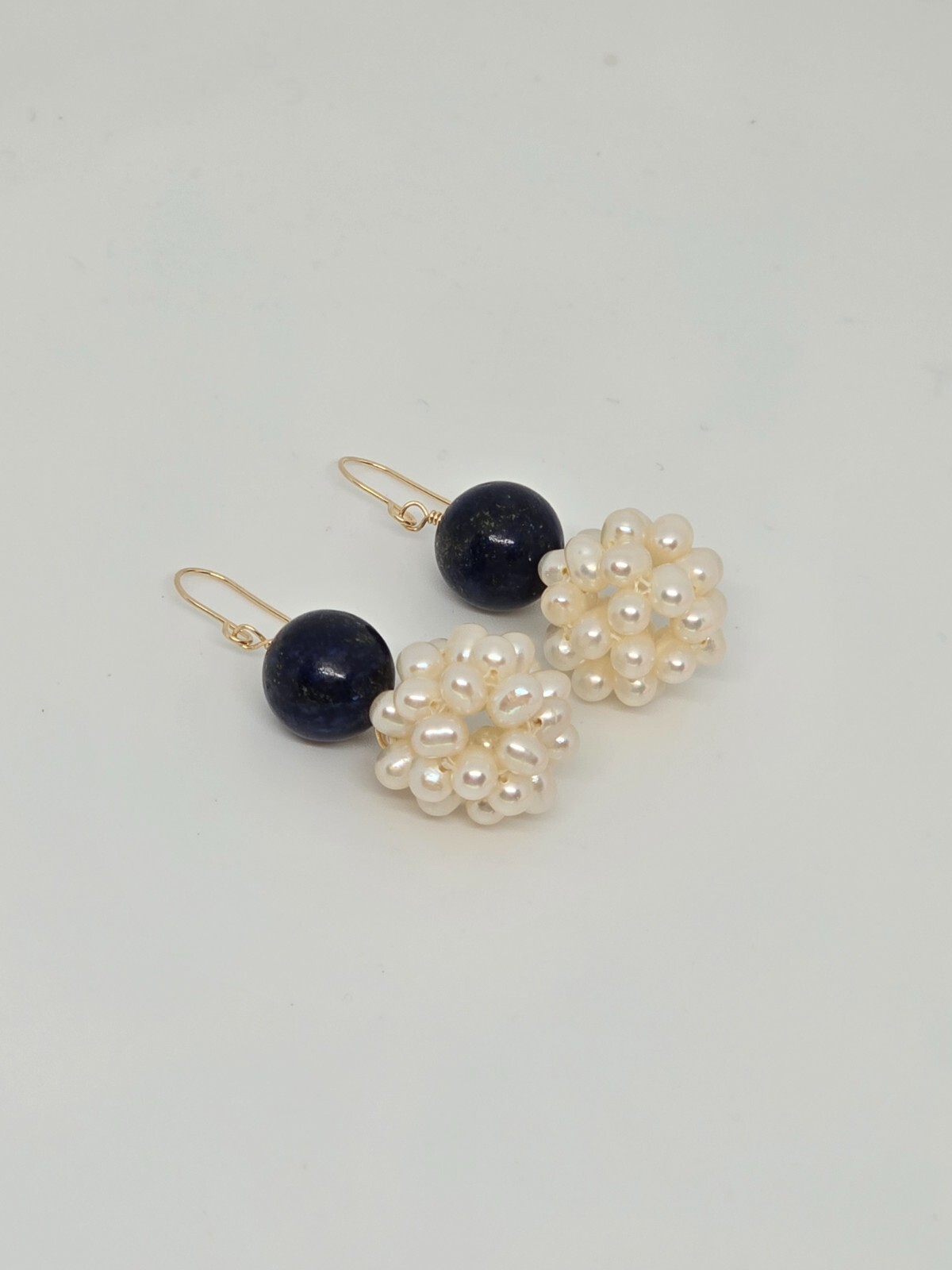 Lapis Lazuli and White Pearl Dangle Earrings 14k Yellow Gold or Sterling Silver