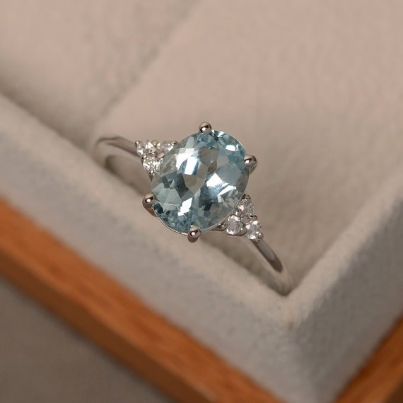 2.15 Ct Oval Cut Natural Aquamarine Diamond Wedding Ring 14K White Gold Size 7