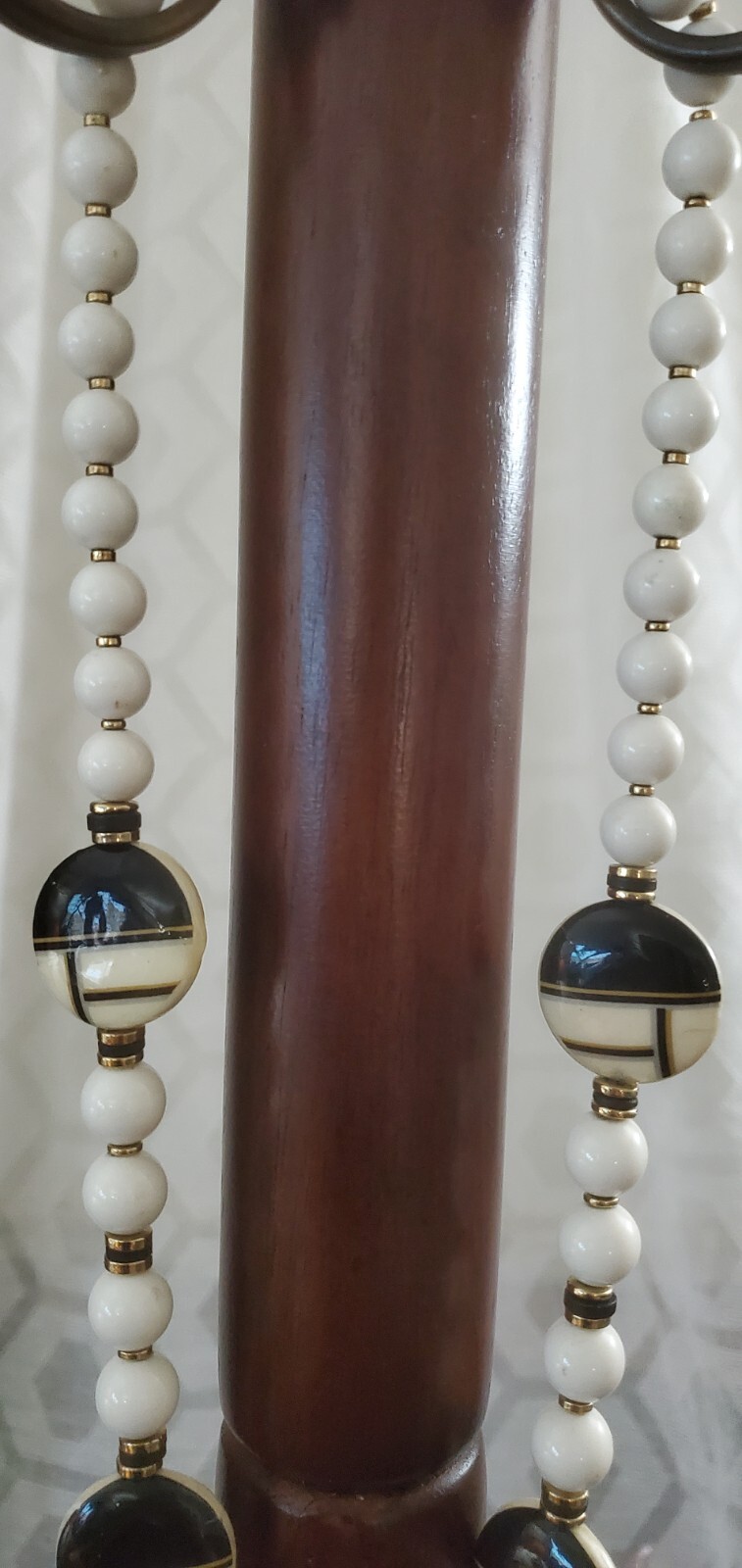 Black Cream White Gold Ceramic Enamel Long Bold Necklace 34″ Vintage