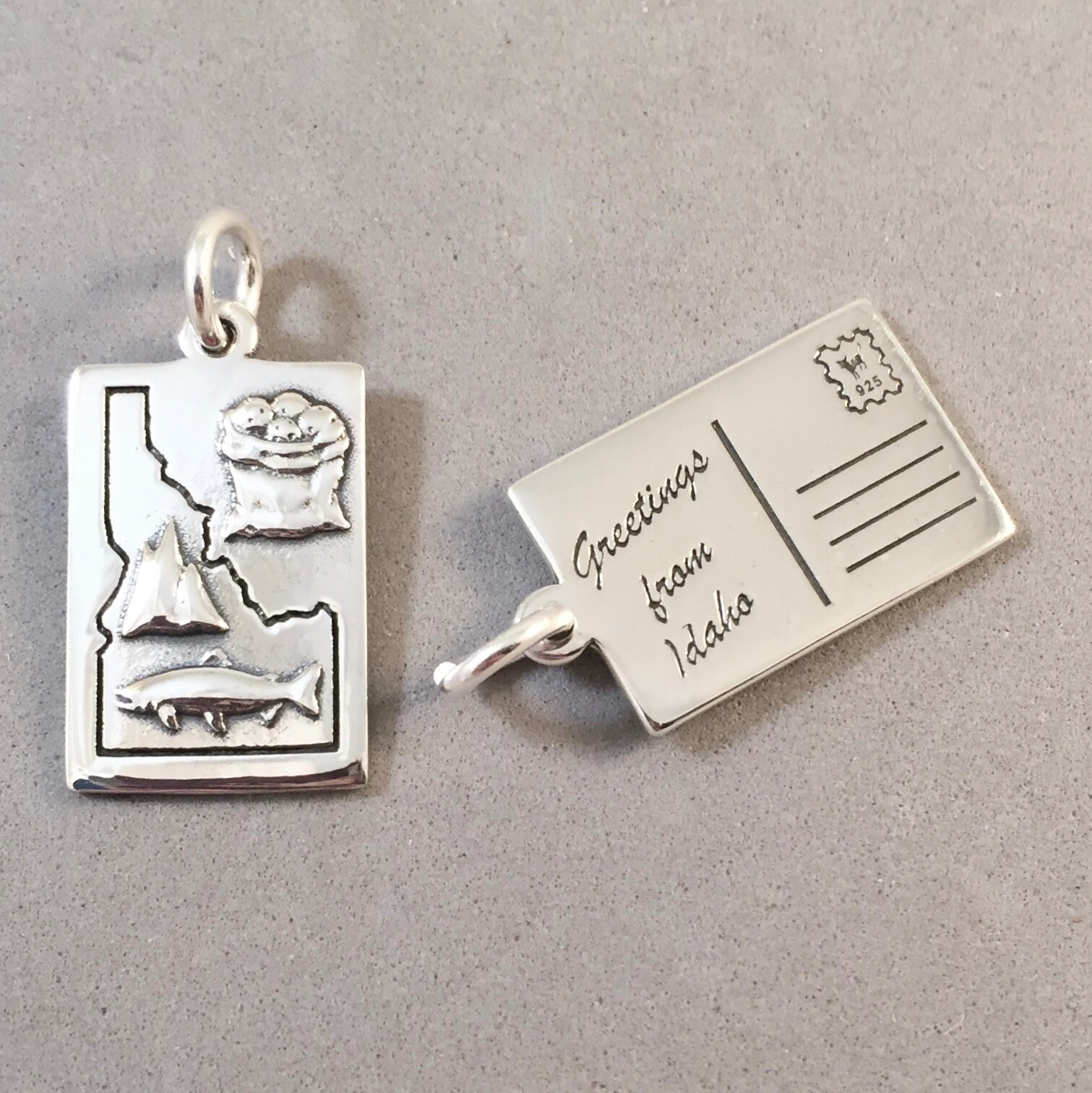 .925 Sterling Silver GREETINGS FROM IDAHO POSTCARD CHARM Map 925 PC-ID